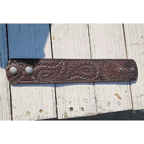 Handcrafted Navajo Choctaw 100% Brown Leather Cuff Bracelet Turquoise Painting - Picture 1 of 2